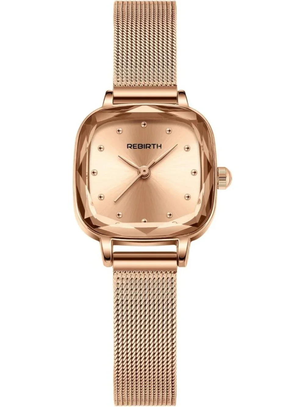 Women's Rose Gold Square Minimalist Dial Mesh Band Crystal Case Wrist Watch